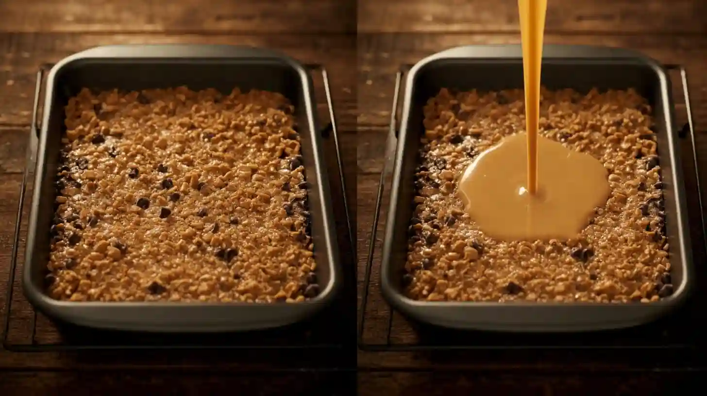 easy-coconut-toffee-cookie-bars-step3-add-filling Easy Coconut Toffee Chocolate Chip Cookie Bars filling step – coconut dessert squares with toffee and condensed milk