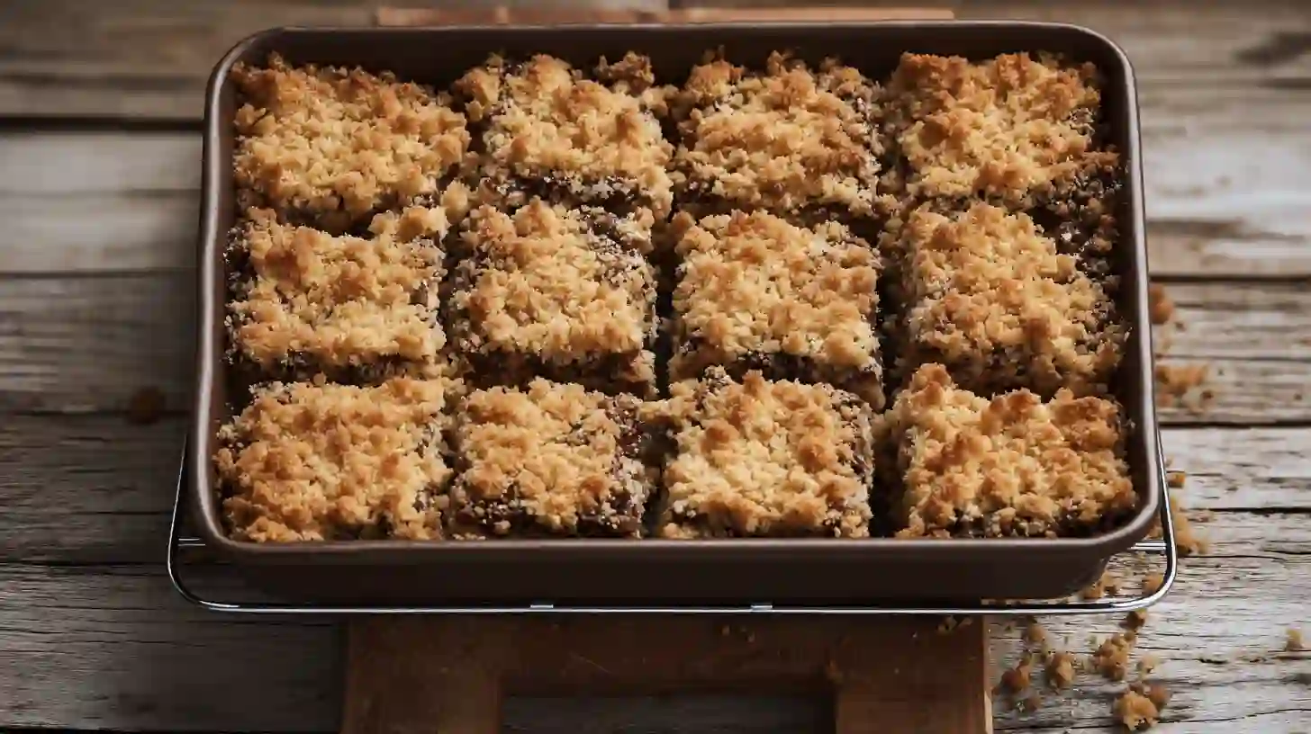 easy-coconut-toffee-cookie-bars-step4-top-and-bake Easy Coconut Toffee Chocolate Chip Cookie Bars baking step – coconut oat cookie bars with golden topping