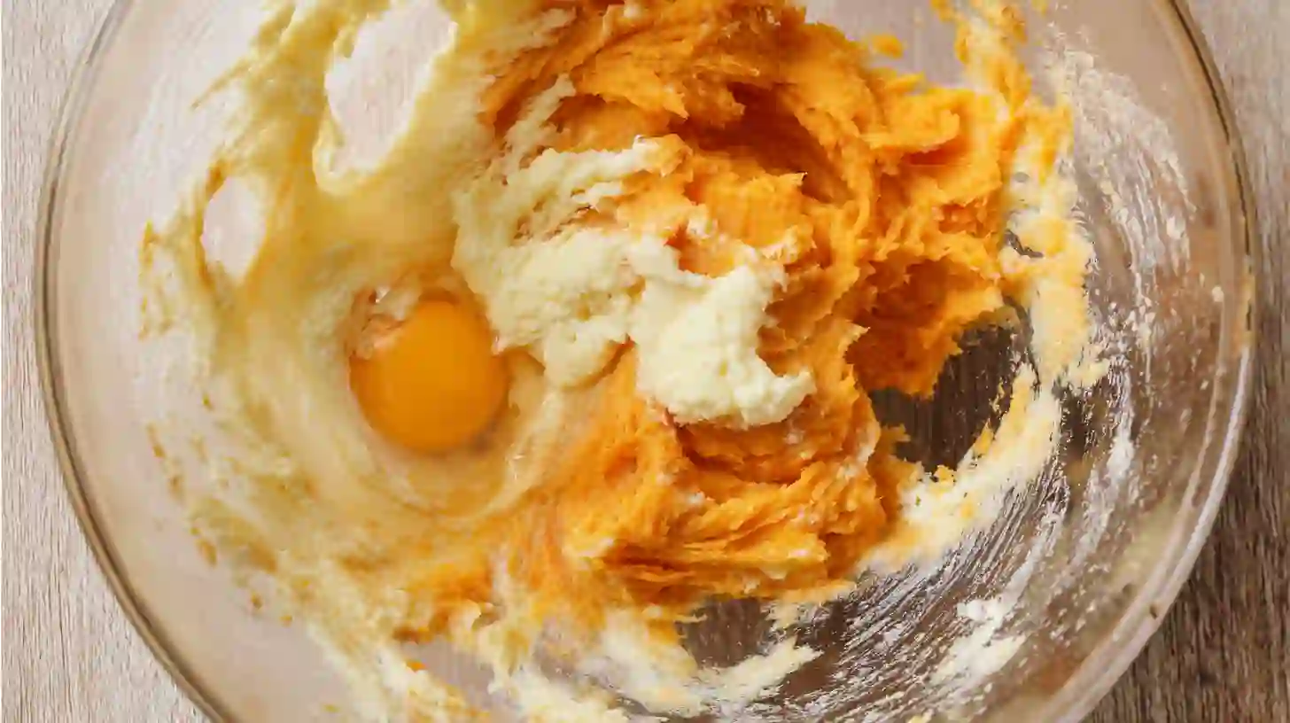 eggs-sweet-potatoes-sweet-potato-cake-step2 Mixing eggs and mashed sweet potatoes for moist fall baking recipes and homemade sweet potato cake