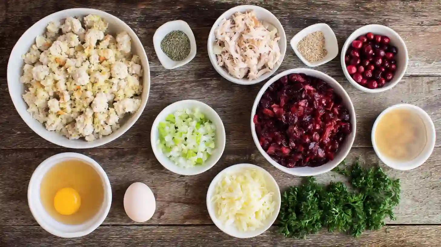 festive-cranberry-turkey-stuffing-balls-Ingredient-Image Festive Cranberry Turkey Stuffing Balls ingredients – quick and cheap holiday meals with turkey, cranberries, bread crumbs, and herbs