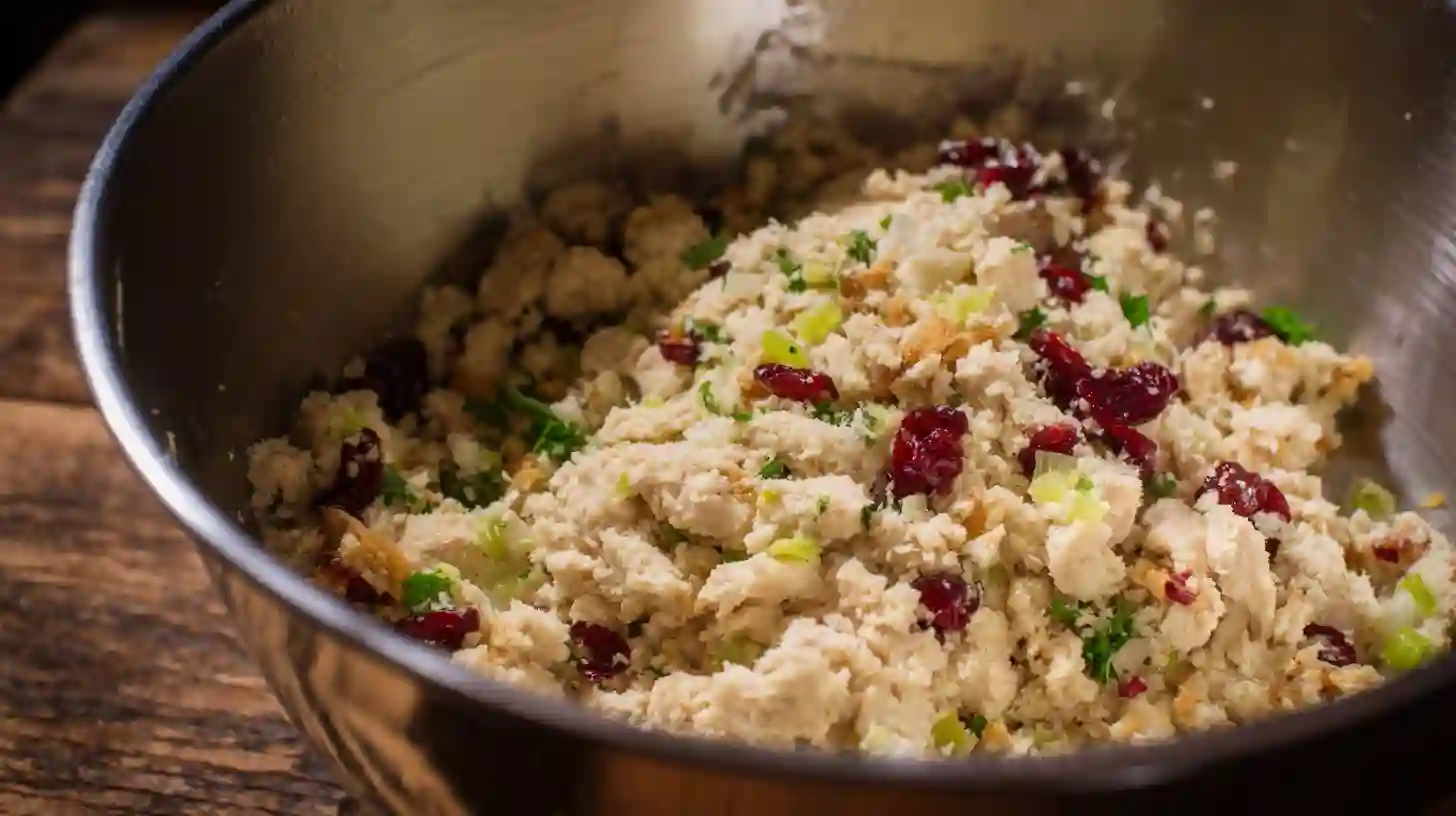 festive-cranberry-turkey-stuffing-balls-step2-mix-ingredients Festive Cranberry Turkey Stuffing Balls step – mixing turkey, cranberries, bread crumbs, and herbs for quick and cheap holiday meals and easy dinner recipes for families