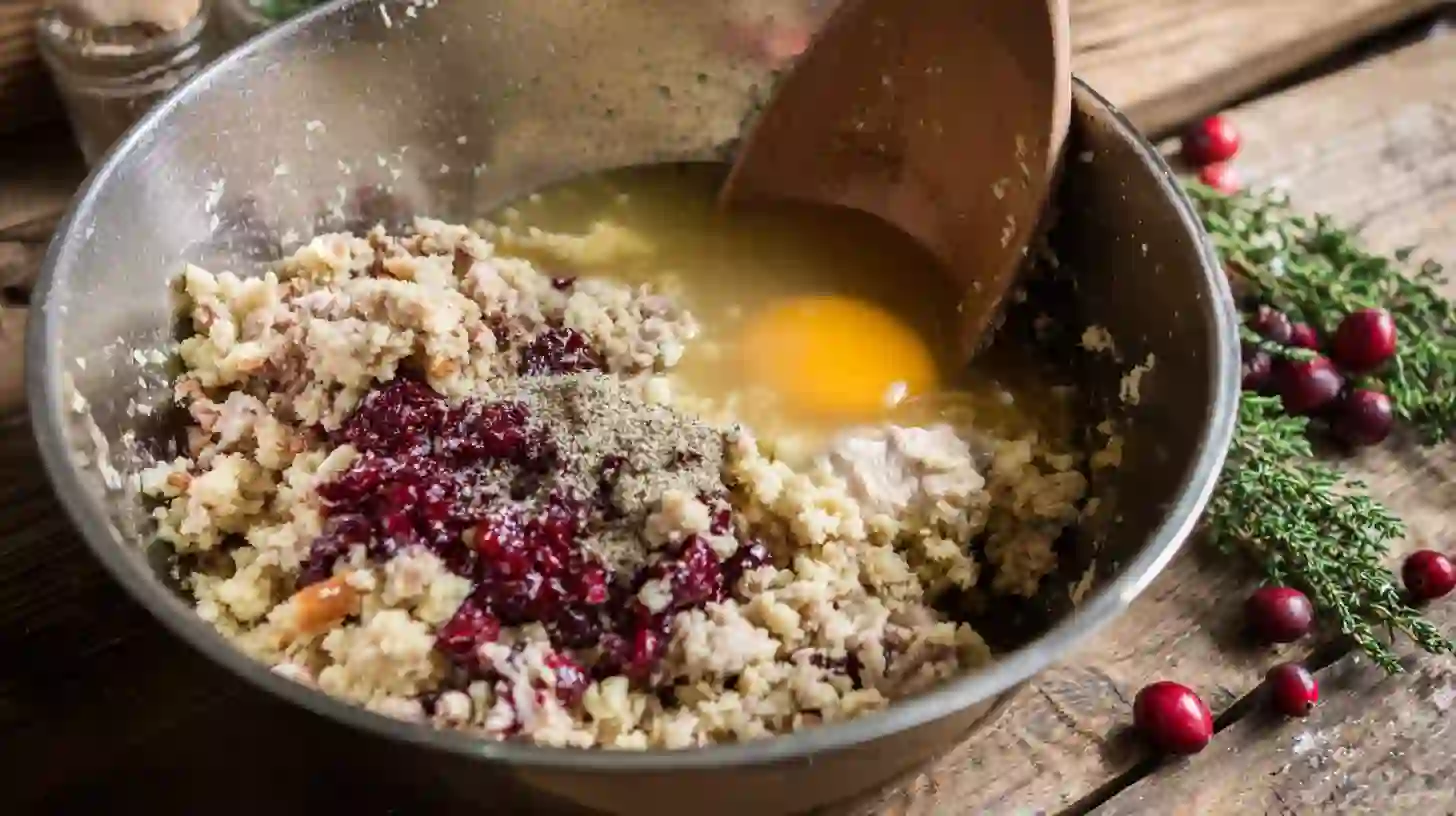 festive-cranberry-turkey-stuffing-balls-step3-season-bind Festive Cranberry Turkey Stuffing Balls step – adding egg, broth, thyme, salt, and pepper to bind for easy dinner recipes for families and quick holiday meals