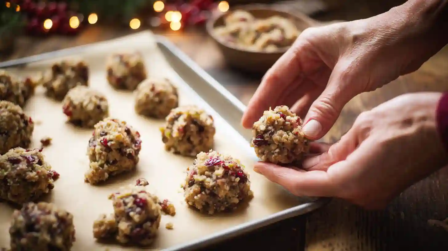 festive-cranberry-turkey-stuffing-balls-step4-shape-balls Festive Cranberry Turkey Stuffing Balls step – shaping turkey, cranberry, and bread crumb mixture into balls for quick and cheap holiday meals and easy dinner recipes for families