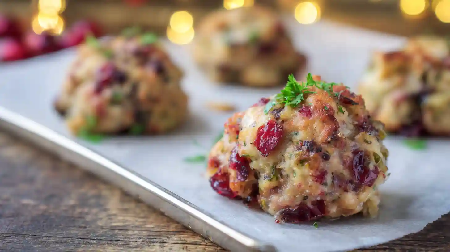 festive-cranberry-turkey-stuffing-balls-step5-bake-golden Festive Cranberry Turkey Stuffing Balls baked golden – quick and cheap holiday meals and easy dinner recipes for families ready to serve