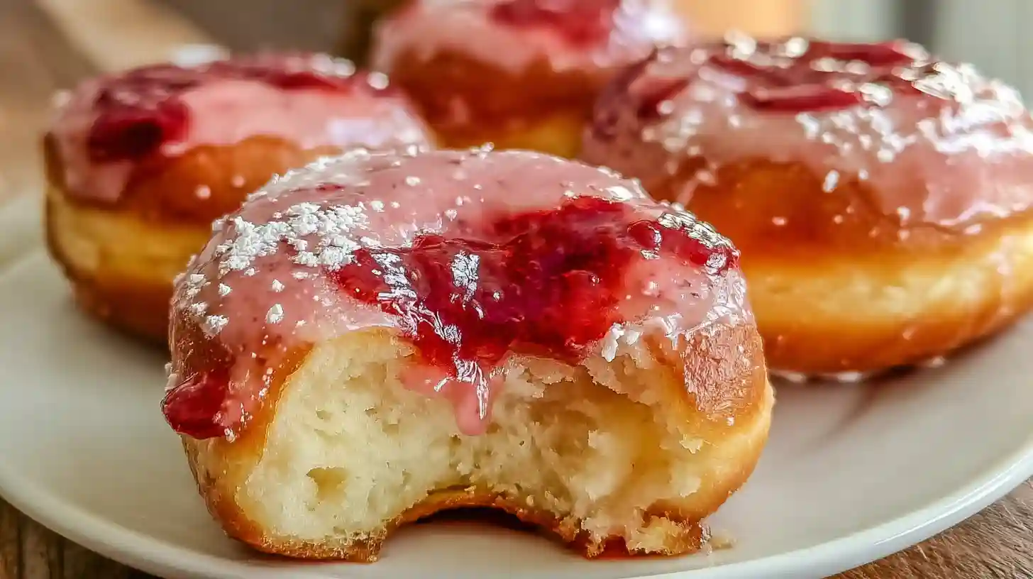 Filling and glazing Strawberry Cheesecake Stuffed Donuts – creamy strawberry desserts and indulgent breakfast recipes with cheesecake filling