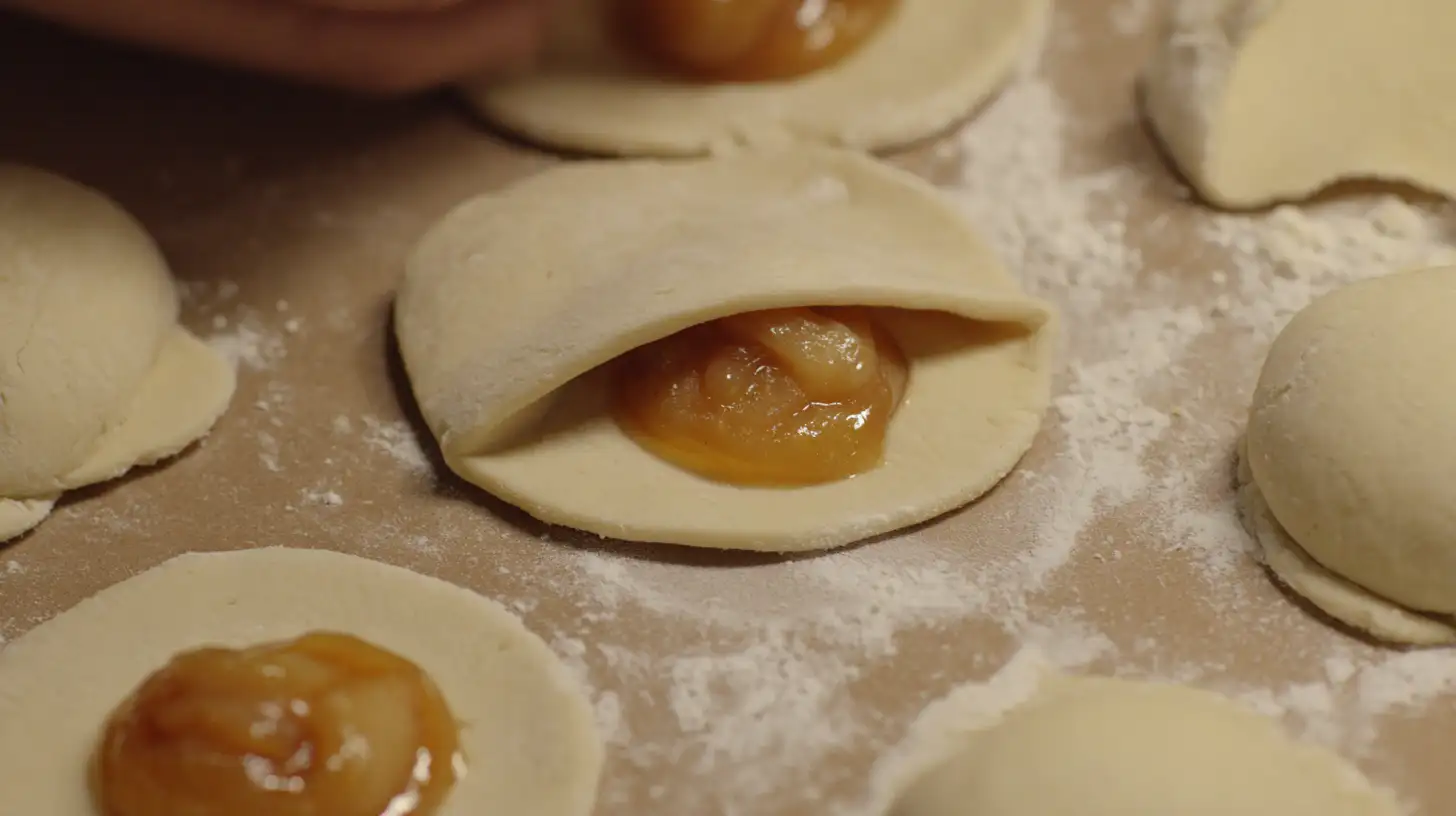 filling-caramel-apple-bombs-biscuit-dough stuffing biscuit dough with caramel and apple filling for quick fall dessert recipe with canned biscuits