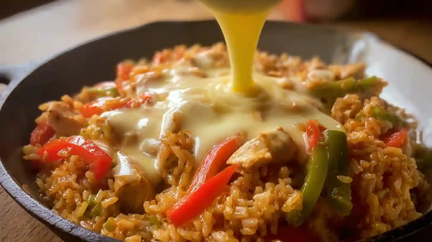 Melted queso poured over chicken, rice, and peppers for Queso Chicken Fajita Skillet – creamy Tex-Mex dinner recipe for busy families.