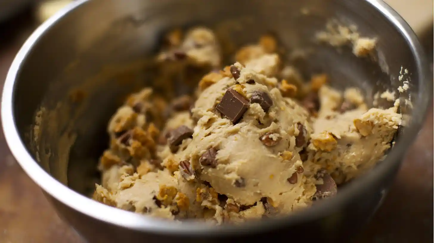 Cookie dough with caramel bits, crushed Butterfinger candy, and pecans folded in — perfect for homemade candy bar cookies and loaded cookie recipe ideas.