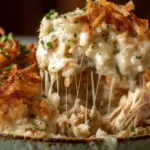 Creamy French onion chicken rice bake with crispy fried onion topping and shredded chicken