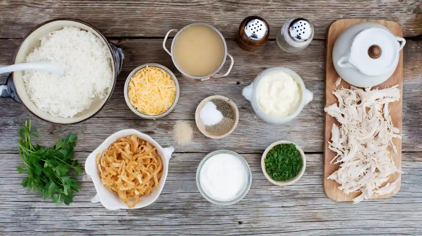 french-onion-chicken-rice-bake-ingredients-Image Ingredients for French Onion Chicken Rice Bake including cooked rice, shredded chicken, cream soups, cheese, fried onions, and spices