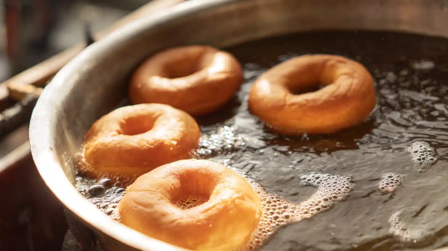Frying Strawberry Cheesecake Stuffed Donuts – golden brown homemade donuts for indulgent breakfast recipes and easy strawberry desserts