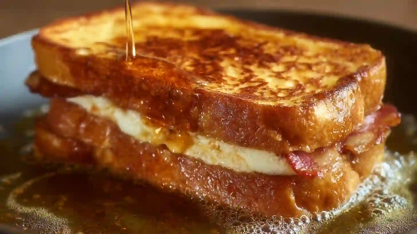 frying-stuffed-french-toast-in-butter-bourbon-maple-bacon Stuffed brioche French toast frying in butter until golden brown – gourmet holiday breakfast recipe with bourbon maple bacon for restaurant-style brunch.