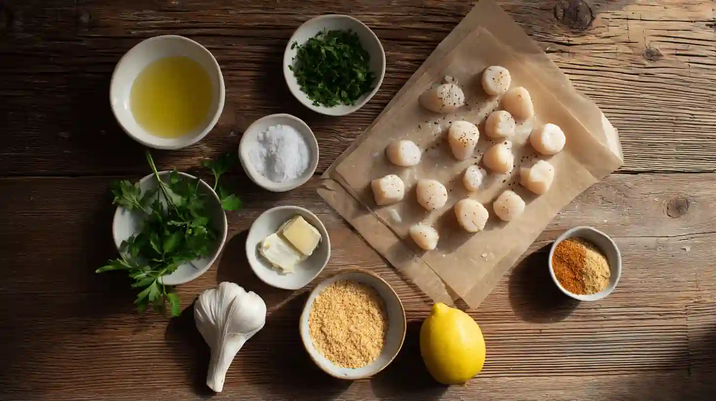garlic-butter-baked-scallops-ingredients-Image Ingredients for Garlic Butter Baked Scallops – Healthy Seafood Recipe with Butter, Garlic, Lemon, and Breadcrumbs