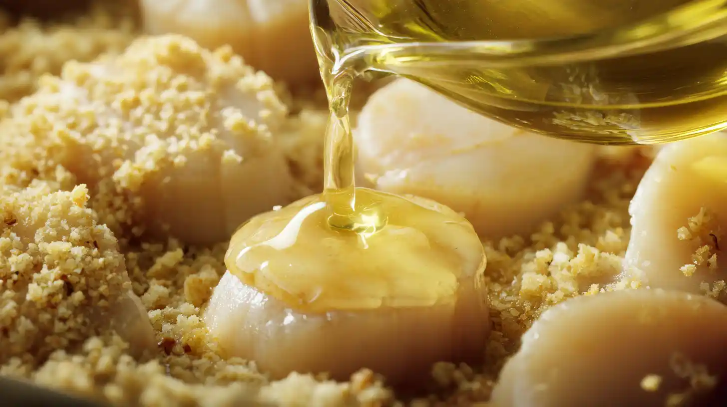 garlic-butter-baked-scallops-step3-pour-and-sprinkle Step 3 – Pouring Garlic Butter Sauce Over Scallops and Sprinkling Breadcrumbs for Easy Seafood Dinner Recipes