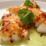 Golden garlic butter cod strips in creamy sweet chili lime sauce topped with fresh cilantro – high-protein seafood dinner recipe.Featured-Image-correct