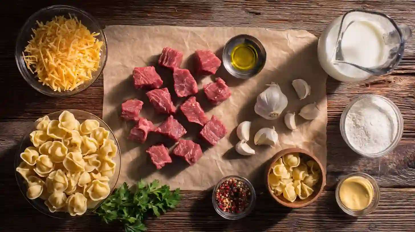 Ingredients for Garlic Butter Steak Tips with Cheesy Shells in Cheddar Sauce – steak, cheddar, garlic, butter, and pasta shells for an easy family dinner recipe.