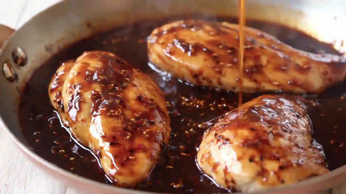 Homemade teriyaki chicken simmering in glaze with cornstarch for a healthy skillet dinner and glazed chicken recipe.