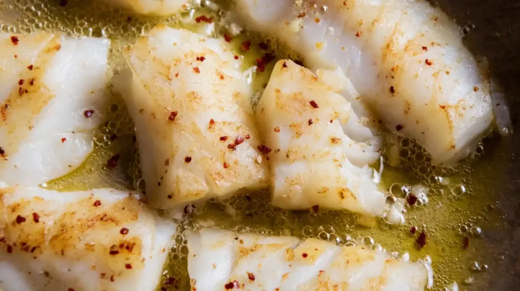 Golden garlic butter cod strips searing in skillet with lemon juice – easy seafood dinner recipe for high-protein low-carb meal