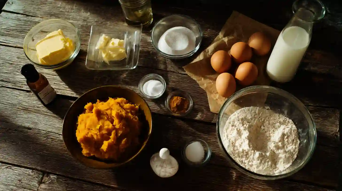 grandmas-Famous-sweet-potato-butter-cake-ingredients-Image Ingredients for Grandmas Famous Sweet Potato Butter Cake with Glaze and Pecans.best desserts for Thanksgiving