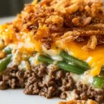 Hamburger Green Bean Casserole – creamy ground beef and green bean casserole topped with melted cheese and crispy fried onions, perfect for hearty ground beef meals and easy family dinners.