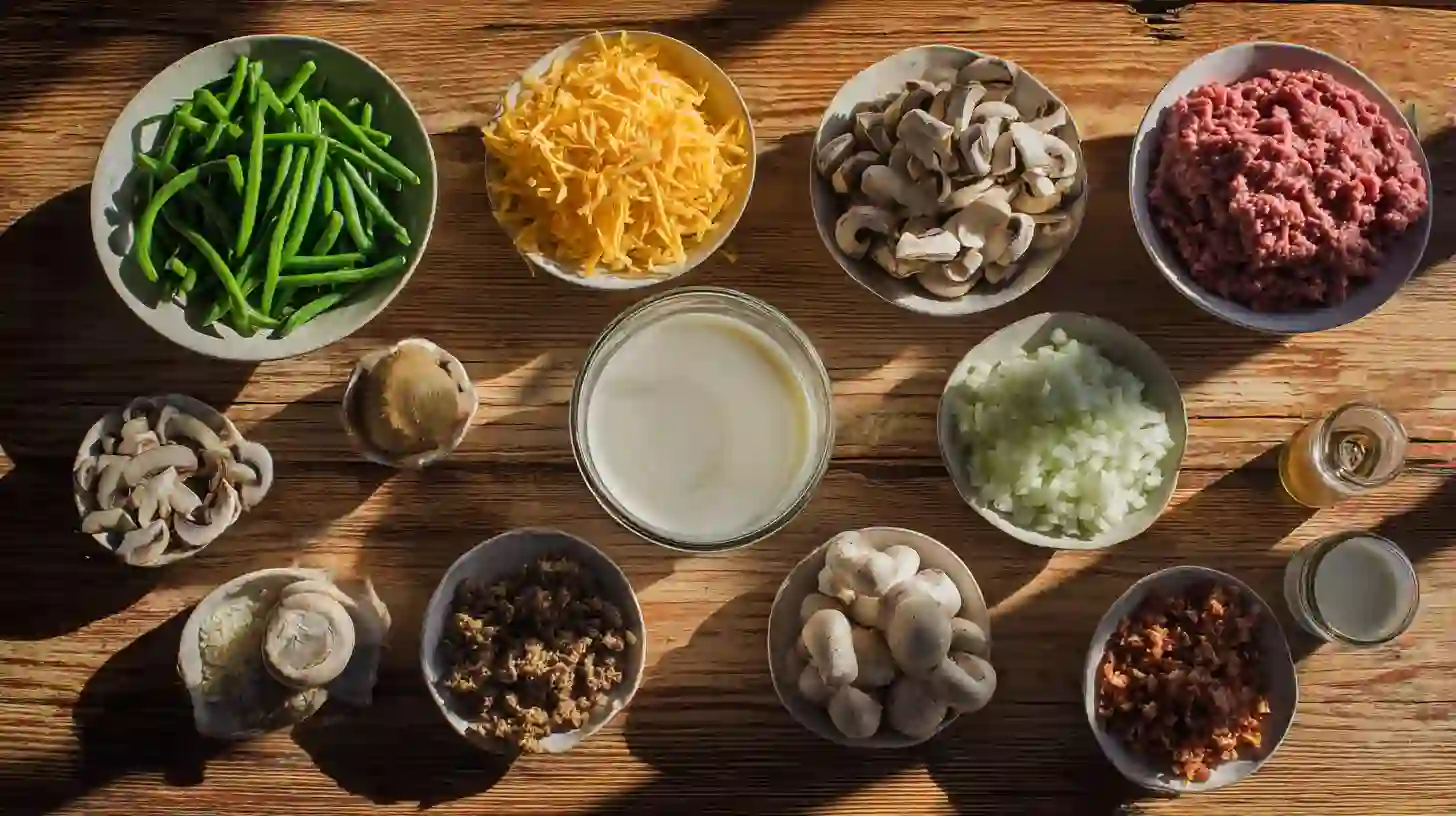 hamburger-green-bean-casserole-Ingredient-Image Hamburger Green Bean Casserole ingredients – ground beef, green beans, cheddar cheese, mushroom soup, and crispy onions arranged for hearty family comfort dinners and creamy casserole recipes.