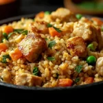 High Protein Crispy Garlic Chicken Fried Rice with golden chicken, peas, and carrots – easy healthy comfort food recipe.