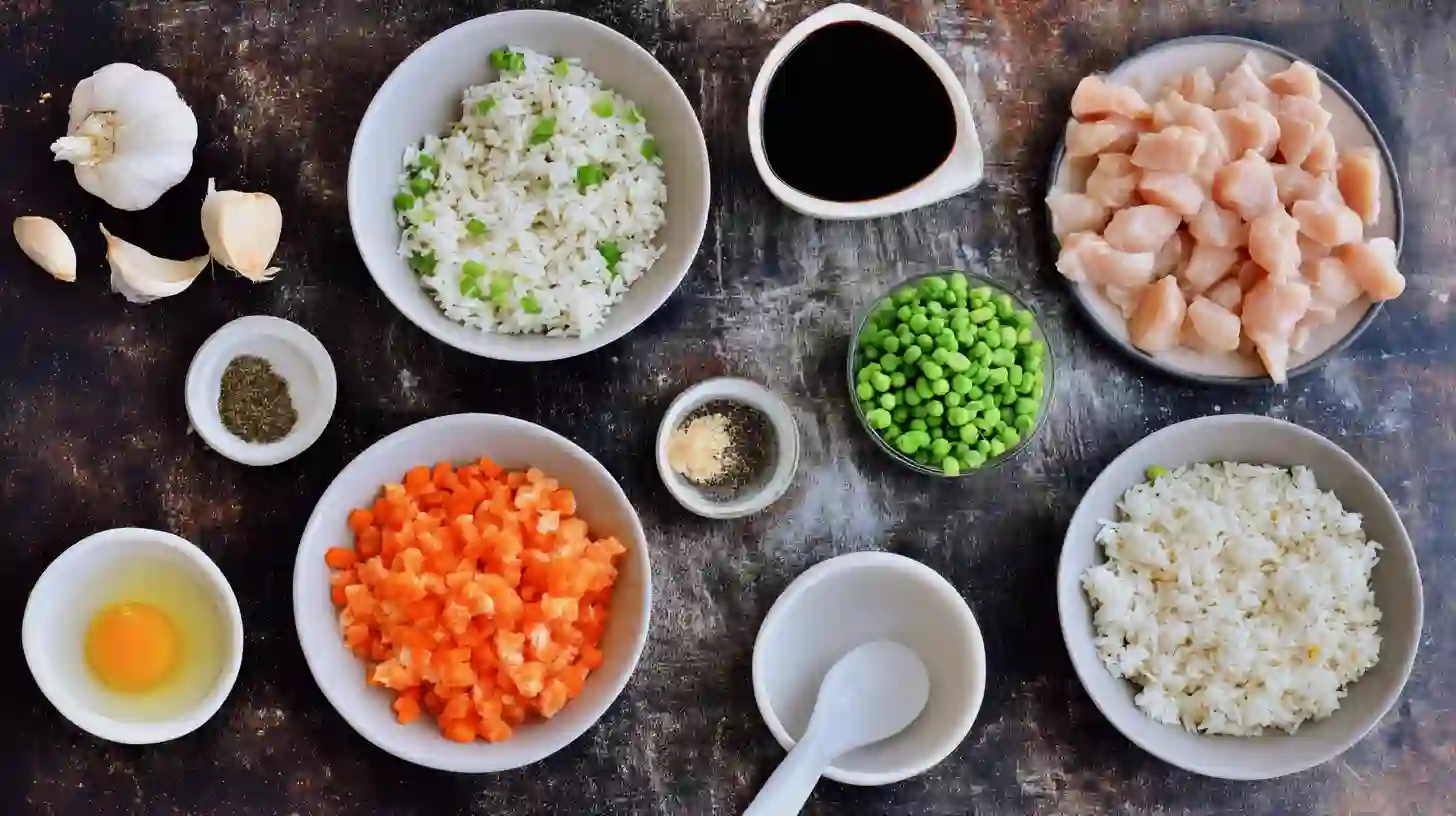 high-protein-crispy-garlic-chicken-fried-rice-ingredients-Image Ingredients for High Protein Crispy Garlic Chicken Fried Rice – chicken breast, rice, peas, carrots, garlic, eggs, soy sauce, and sesame oil.