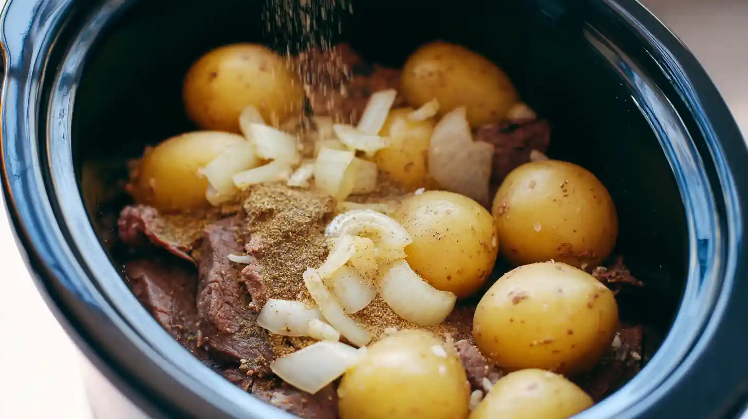 Layering steak, potatoes, and seasoning for easy crockpot dinner recipe with rich flavor