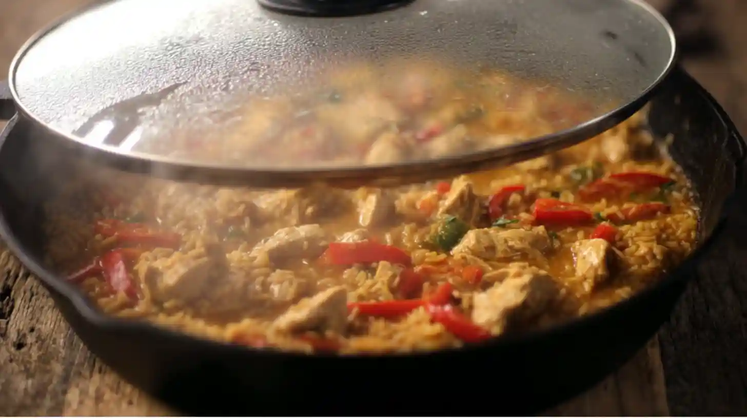 Queso Chicken Fajita Skillet resting off heat as rice absorbs broth – creamy one-pan Tex-Mex chicken and rice dinner recipe.