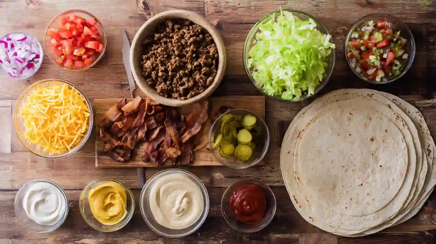 loaded-bacon-cheeseburger-burrito-ingredients-Image Loaded Bacon Cheeseburger Burrito Ingredients – Ground Beef, Crispy Bacon, Cheese, and Homemade Sauces for Easy Family Dinners