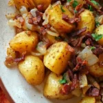 Loaded country-style potatoes with crispy beef bacon, sautéed onions, and parsley on a white plate over an orange cloth