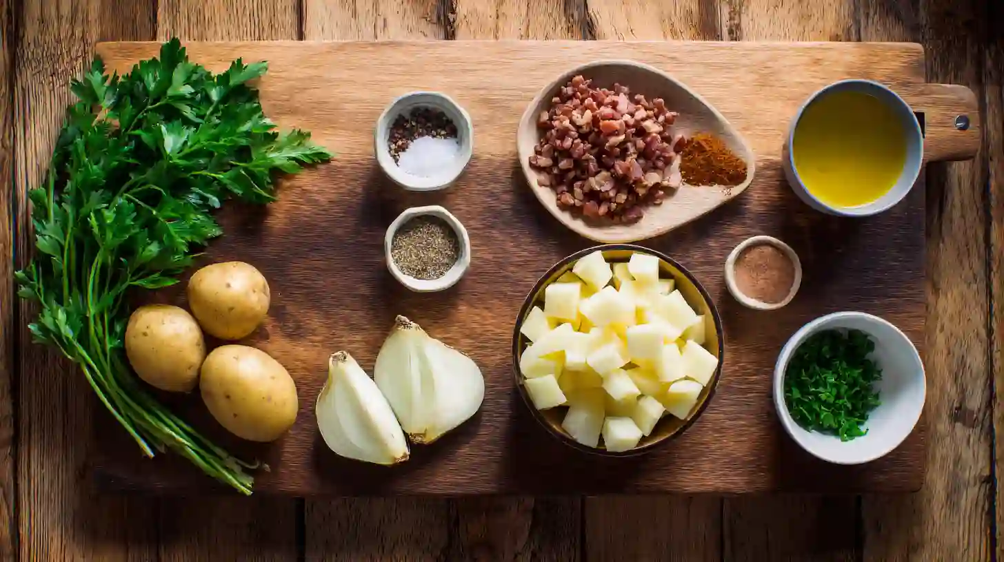 loaded-country-style-potatoes-Ingredients-Image Ingredients for loaded country-style potatoes including diced potatoes, beef bacon, chopped onions, spices, and fresh parsley on a kitchen board