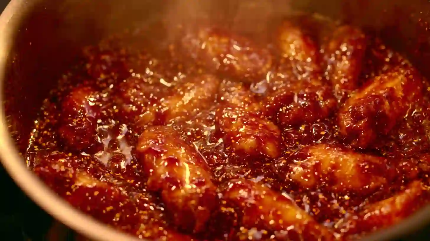 Atomic spicy chicken wing sauce bubbling in saucepan with hot sauce, honey, and soy glaze for homemade ramen recipe