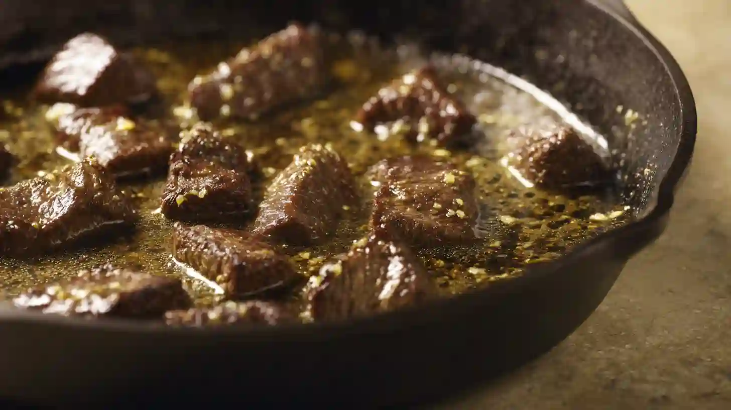 Making garlic butter for Garlic Butter Steak Tips with Cheesy Shells – sizzling skillet with butter, garlic, and juicy steak bites for easy family dinners.