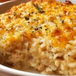 Mamaws Chicken and Rice Casserole baked golden with creamy rice and herbs in a white casserole dish