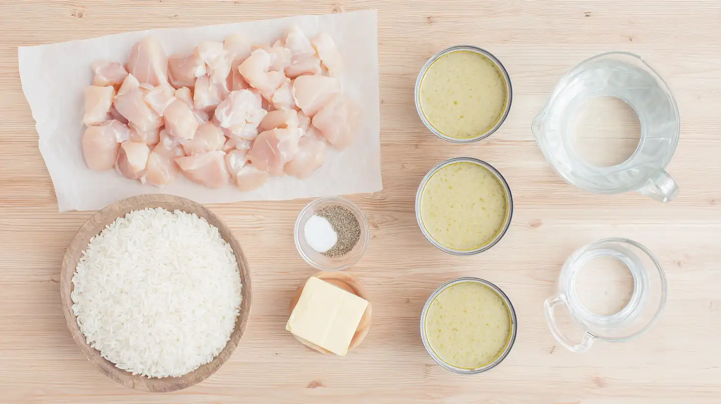 Ingredients for Mamaws Chicken and Rice Casserole including chicken breast, instant rice, canned soups, butter, and seasonings arranged on a kitchen counter