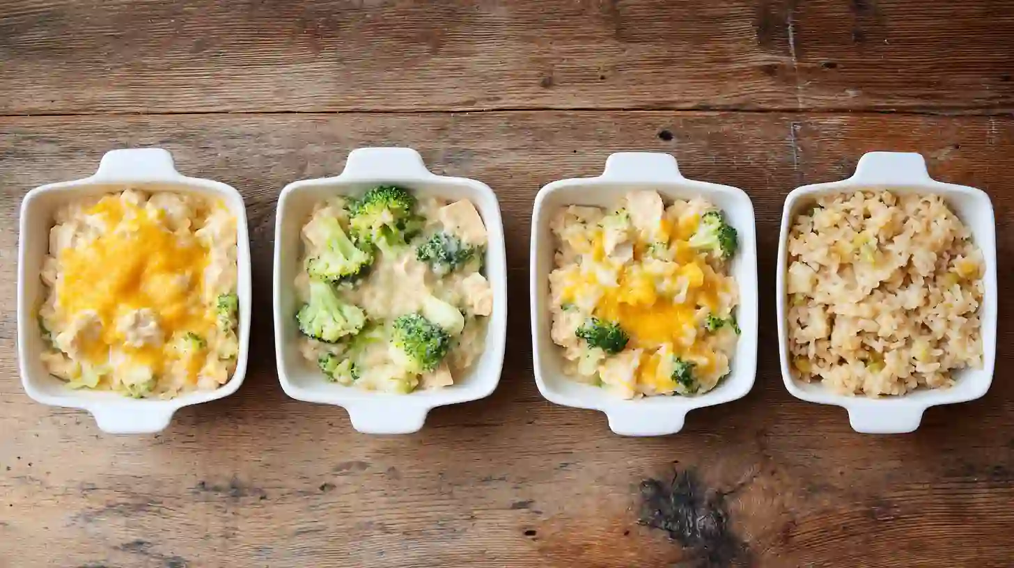 Four variations of creamy chicken rice casserole including healthy and cheesy broccoli options for cheap dinner ideas and oven baked chicken and rice recipes