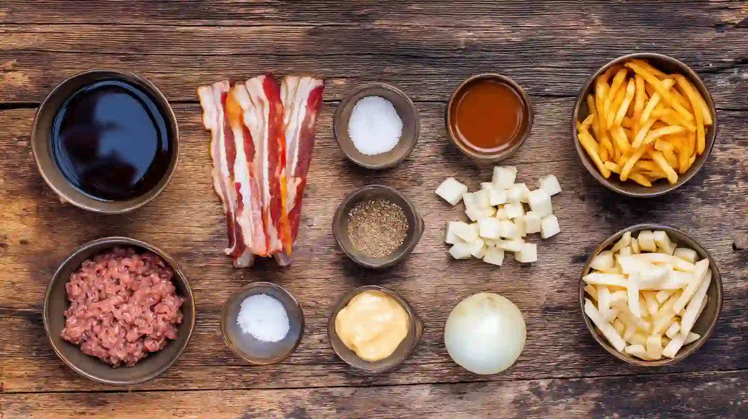 maple-glazed-bacon-cheeseburger-poutine-Ingredient-Image Ingredients for Maple Glazed Bacon Cheeseburger Poutine recipe — fries, beef, bacon, cheese curds, and maple syrup glaze for a gourmet comfort food dinner.