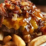 Maple Glazed Bacon Cheeseburger Poutine recipe — crispy fries, smoky bacon, melted cheese, and sweet maple glaze for a gourmet comfort food dinner.