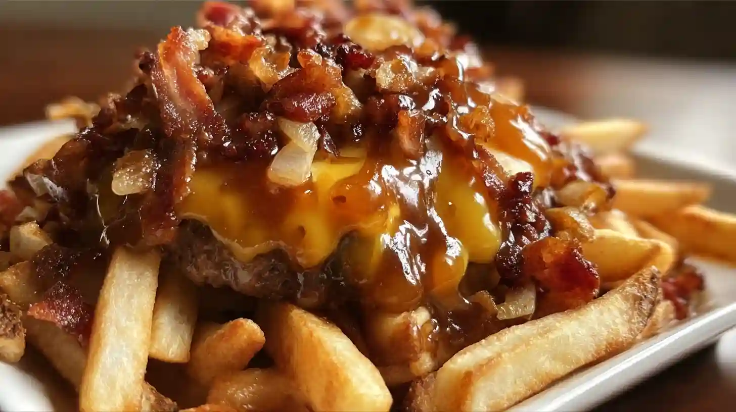 Maple Glazed Bacon Cheeseburger Poutine easy indulgent dinner idea.