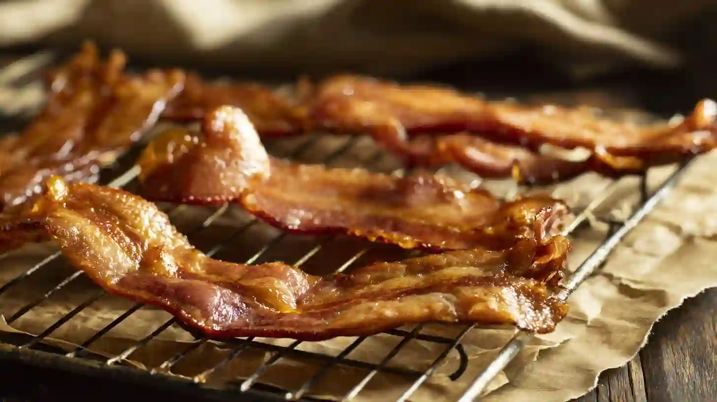 maple-glazed-bacon-cheeseburger-poutine-step2-crispy-bacon Caramelized crispy bacon for Maple Glazed Bacon Cheeseburger Poutine — rich smoky flavor and glossy maple finish for gourmet comfort food recipes.