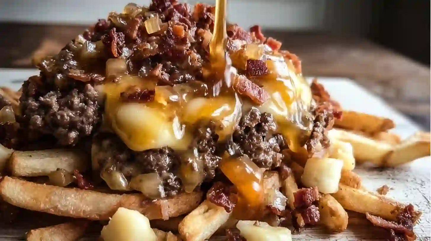 maple-glazed-bacon-cheeseburger-poutine-step4-layering Layered Maple Glazed Bacon Cheeseburger Poutine — crispy fries, juicy beef, melted cheese curds, and sweet maple glaze for easy indulgent dinner ideas.