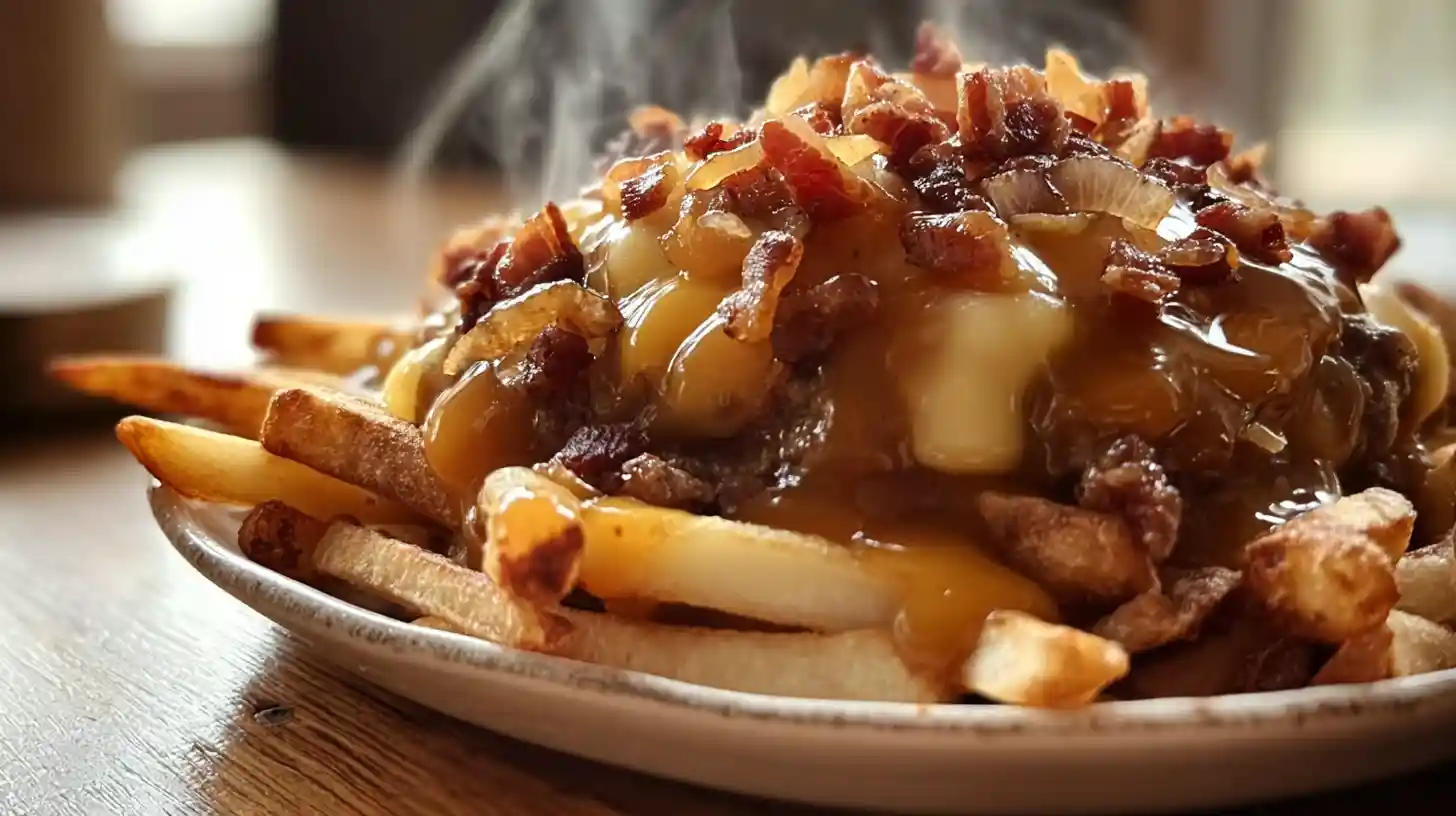 maple-glazed-bacon-cheeseburger-poutine-step5-serving Hot Maple Glazed Bacon Cheeseburger Poutine served fresh — melted cheese curds, glossy maple glaze, and crispy fries for gourmet comfort food recipes.