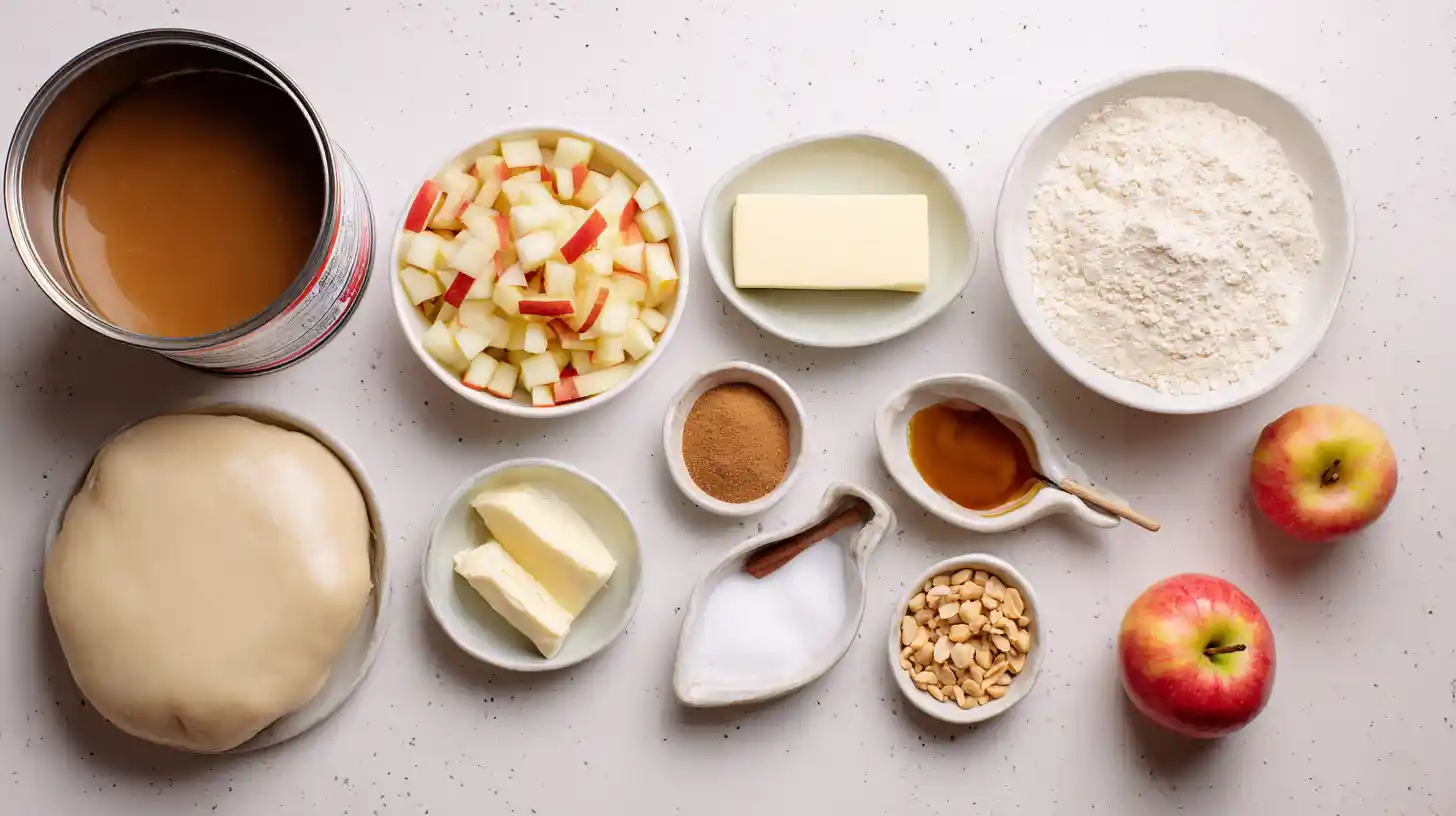 melt-in-your-mouth-apple-caramel-bombs-ingredients-image ingredients for melt-in-your-mouth apple caramel bombs with biscuit dough, caramel candies, chopped apples, cinnamon, and brown sugar