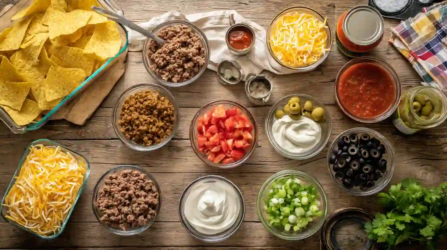 mexican-white-trash-casserole-Ingredients-Image Ingredients for Mexican White Trash Casserole showing tortilla chips, taco-seasoned beef, cheese, and fresh toppings for easy Mexican casserole recipes and budget-friendly dinners for families.