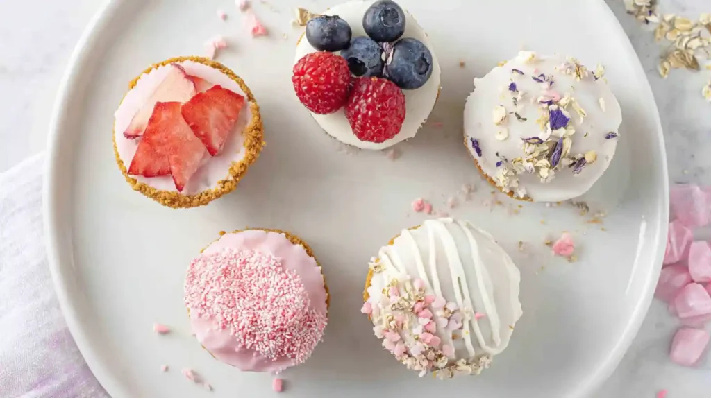 Mini no bake cheesecake variations with freeze-dried strawberry topping, white chocolate coating, and berry medley crunch – perfect holiday desserts and mini party treats.
