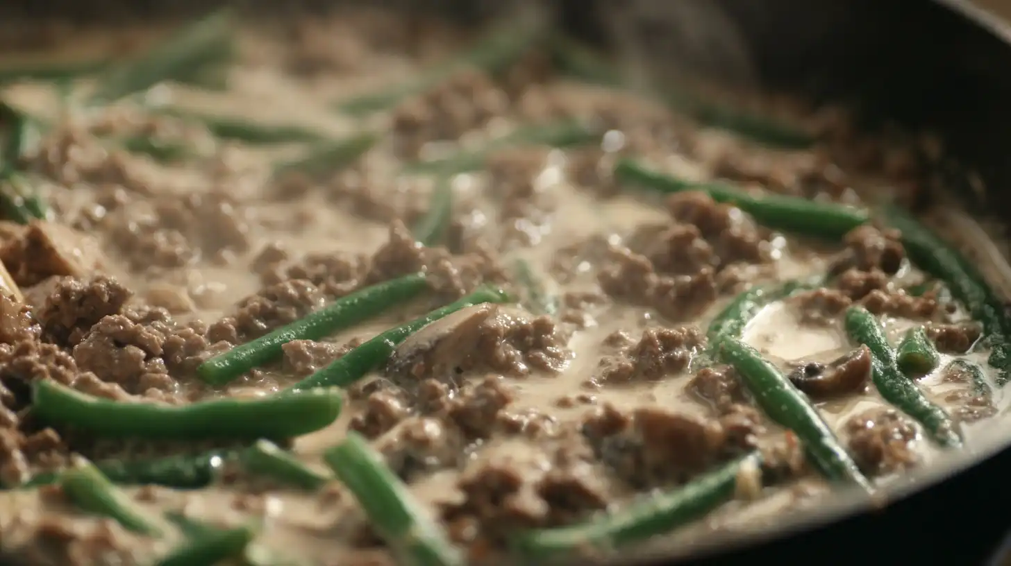 mix-creamy-base-green-bean-beef-casserole-step2 Mix creamy mushroom soup, green beans, and milk with browned beef for a rich hamburger green bean casserole — an easy creamy casserole recipe for family dinners and hearty ground beef meals.