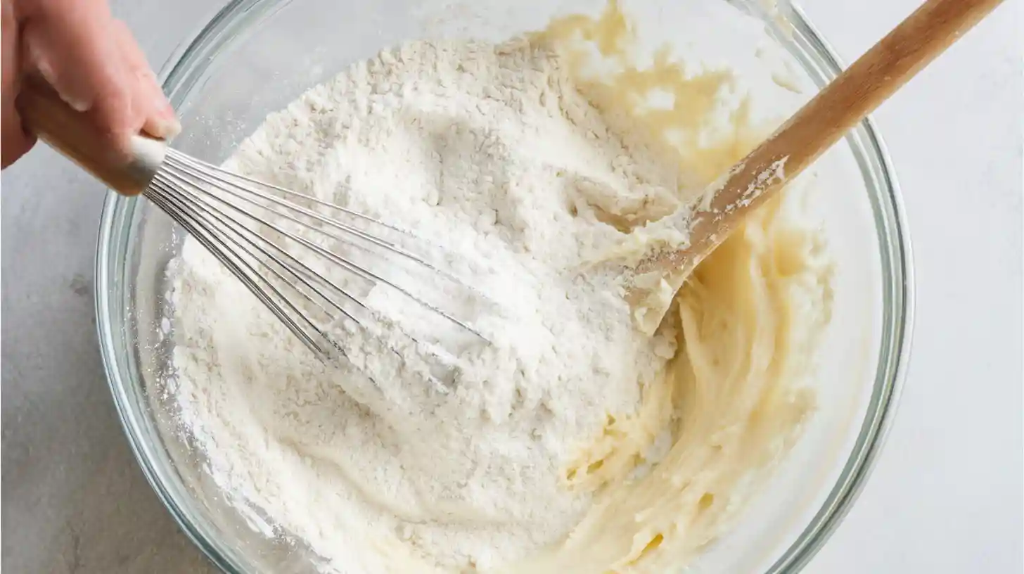 Whisking flour, baking soda, and salt for chewy cookie dough recipe — a key step in easy holiday baking and soft homemade cookies.