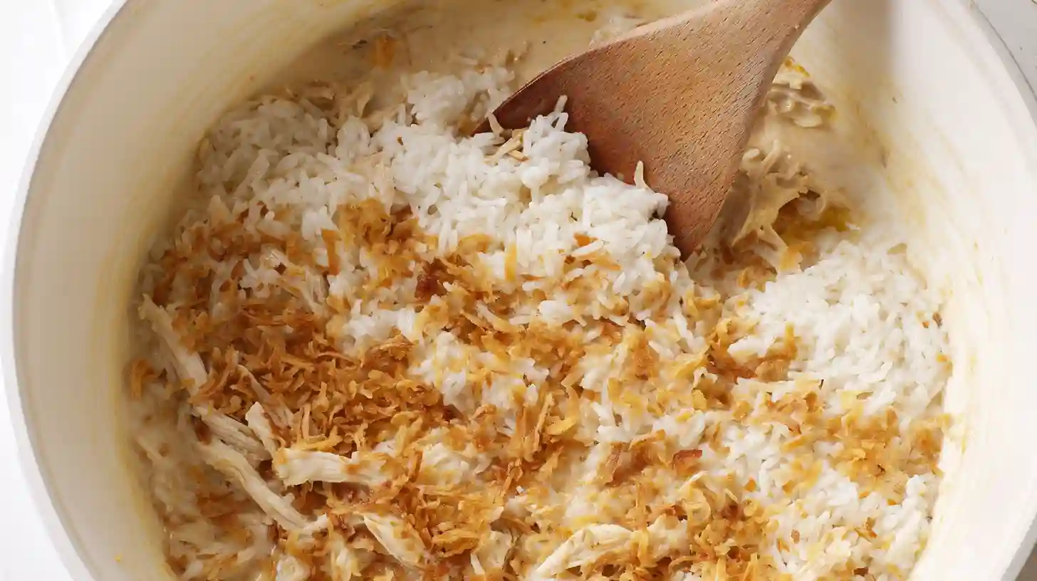mixing-french-onion-chicken-rice-bake-step1 Mixing creamy chicken casserole with rice, soups, sour cream, cheese, and spices for an easy family dinner recipe