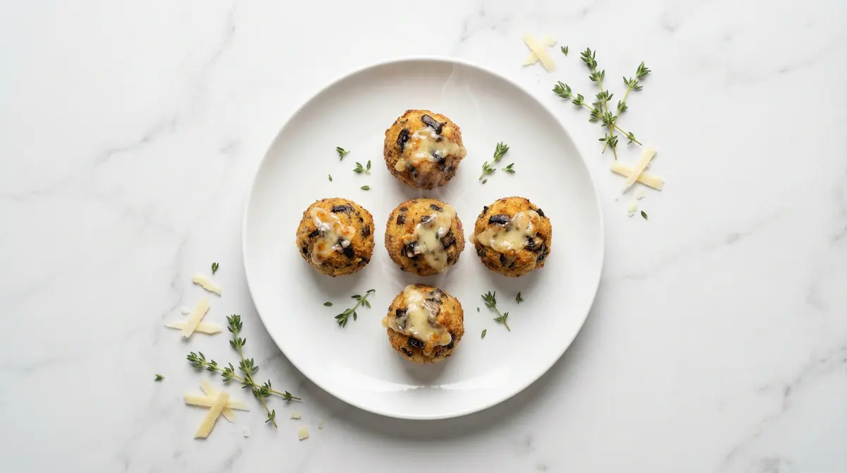 Gourmet mushroom thyme and Gruyere stuffing balls on marble plate – cheesy holiday appetizer recipe with cremini mushrooms